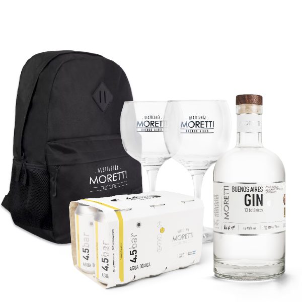 Combo perfecto con Mochila: Buenos Aires GIN + Sixpack Agua Tónica + 2 copones + Mochila