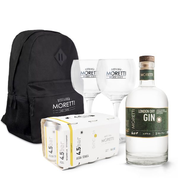 Combo perfecto con Mochila: London Dry GIN + Sixpack Agua Tónica + 2 copones + Mochila